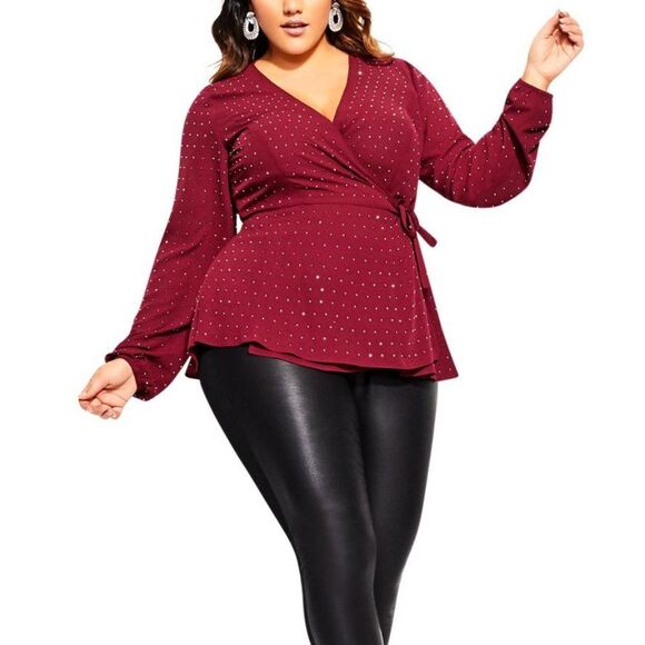 City Chic Long Sleeve Studded Red Wrap Top Size 24 NWT - Picture 1 of 4